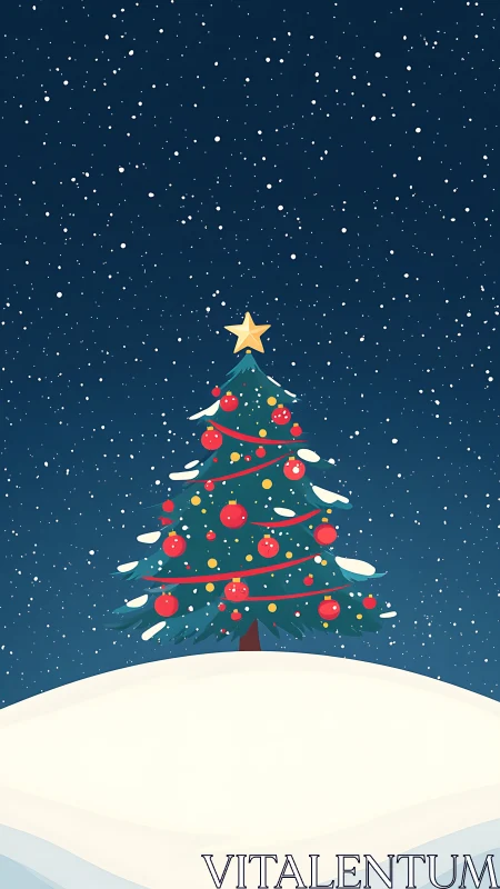 Minimalist Christmas tree in snowy winter landscape.