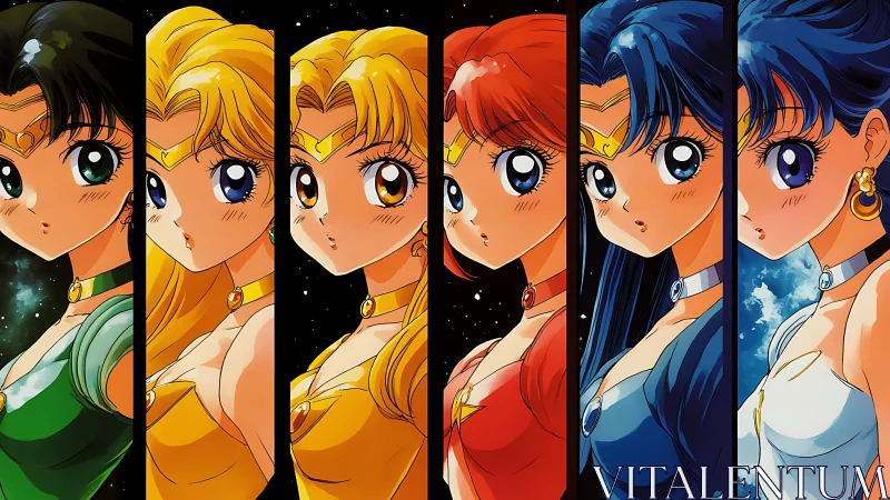 Starlit anime heroines lined up in bold cosmic color harmony.