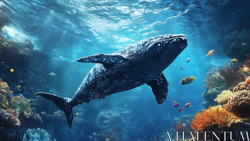 Humpback whale glides above coral reef in clear blue sea