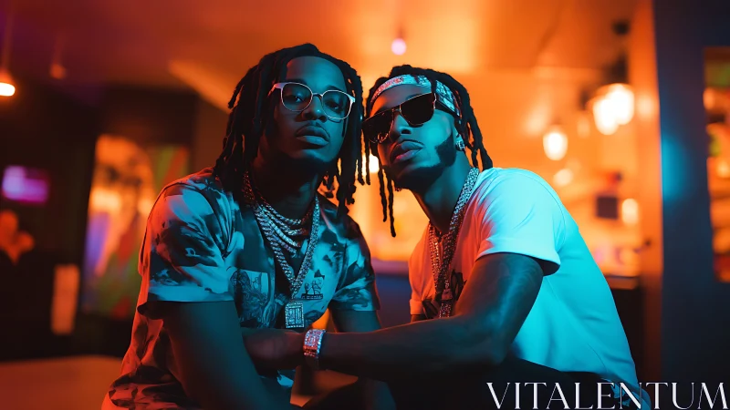 Urban duo in neon bicolor lighting with cinematic depth of field.