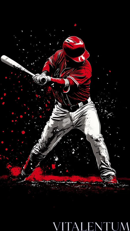 Red uniform baseball batter swinging on dark backdrop.