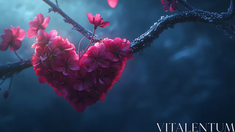 Pink flowering cluster blooms on weathered branch against cool blue