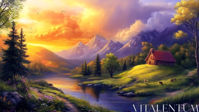 Digital painting of alpine river valley with cottage at sunset.