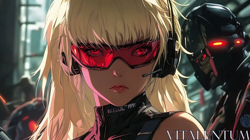 Cyberpunk heroine in crimson visor holding her ground calmly.