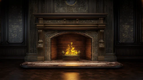 Luxe Fireplace Interior: Baroque Revival Architecture with Animated Flames.