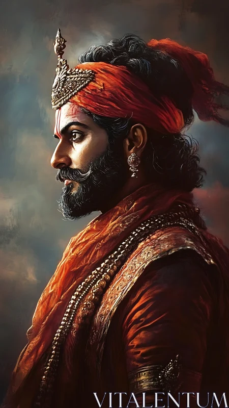Regal warrior profile in dramatic chiaroscuro with ornate turban and jewels