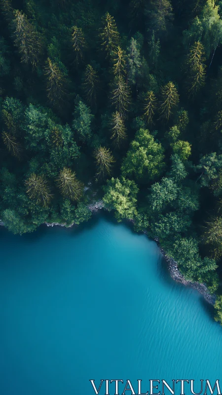 Emerald pines lean over a tranquil blue lake from above.