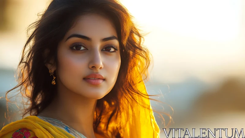 Sunlit portrait of woman in yellow veil at golden hour light