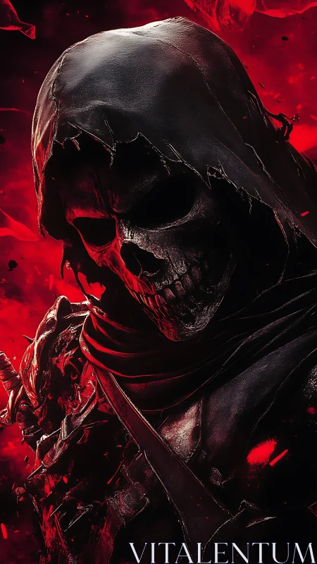 Hooded necrotic reaper rendered in crimson spectral contrast.