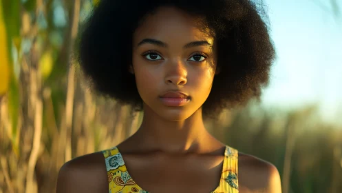 Sunlit shallow-depth portrait with soft bokeh field background