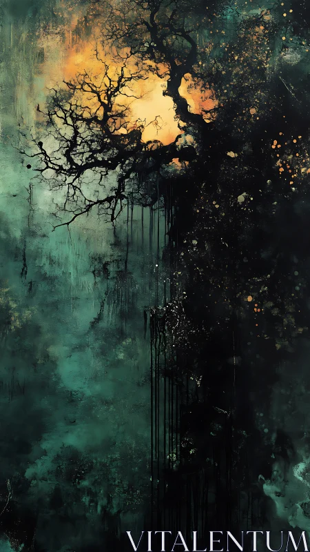 Gnarled tree silhouette emerges from luminous abstract haze