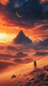 Wanderer in a glowing desert beneath a crescent sky.