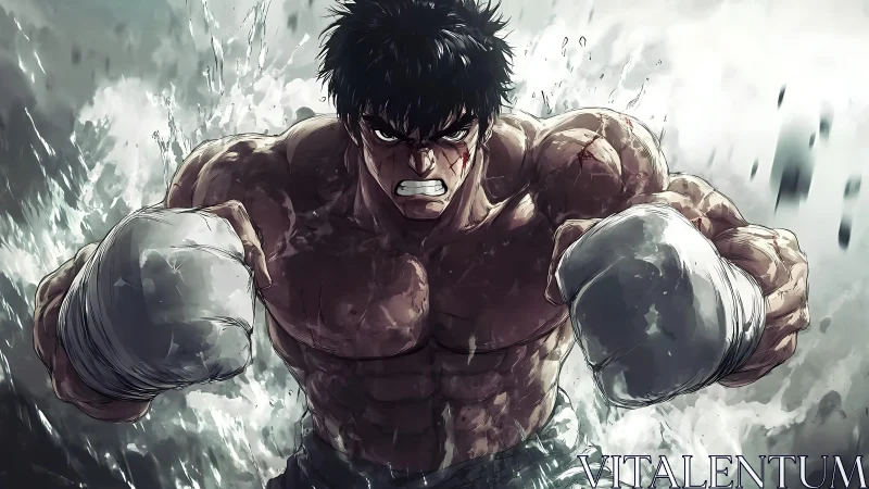Dynamic anime boxer in explosive forward charge composition.