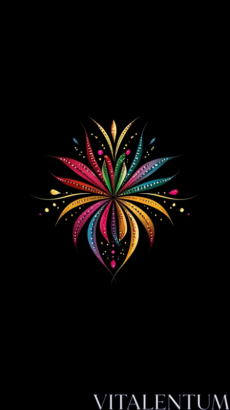 Radial neon floral burst on black digital vector field.