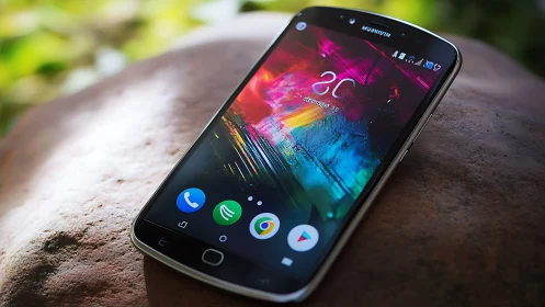 Curved screen smartphone on rock in natural daylight.