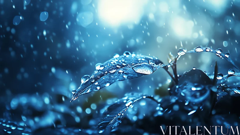 Gentle raindrops rest on glowing blue leaves at twilight