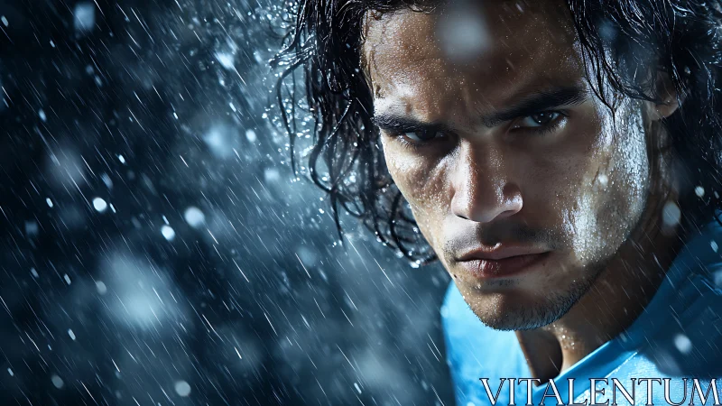 Close-up portrait shows wet male subject under heavy rain