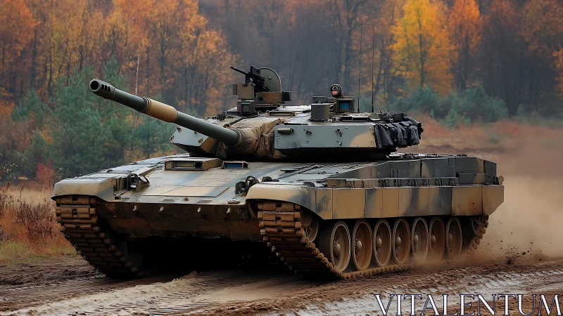 Modern battle tank rolling through quiet autumn forest trail.