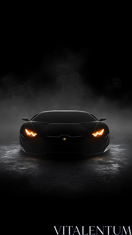 Black sports car front view in dark studio setting.