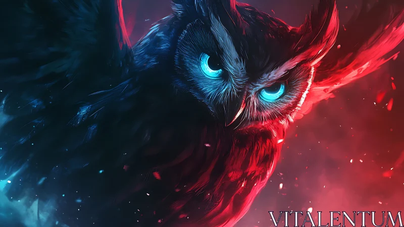 Bioluminescent night owl cleaves twilight in neon fire.