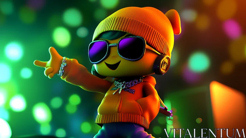 Stylized 3D hip-hop character posing under neon bokeh lights