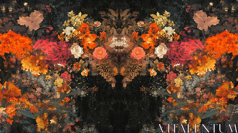 Symmetrical digital floral abstraction with autumnal color spectrum.