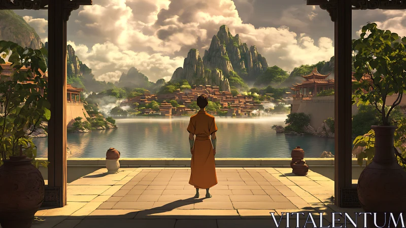 Young wanderer gazes over tranquil lakeside mountain city.