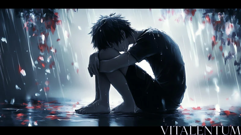 Melancholic anime boy curled in rainy reflective street.