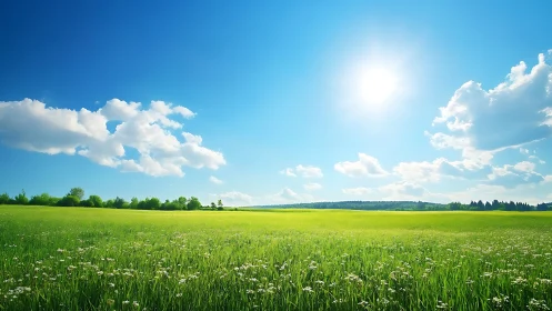 Sunlit meadow stretches wide while cotton clouds drift slowly