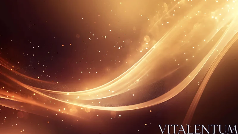 Golden Light Waves Abstract Background with Sparkling Particles.