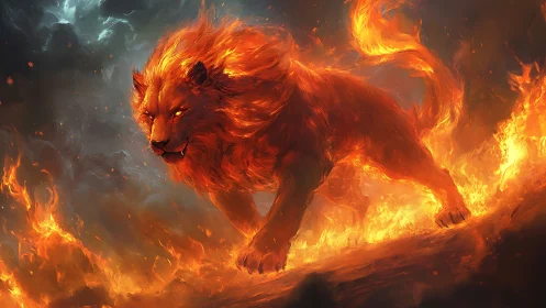 Infernal lion charging through swirling elemental fire.