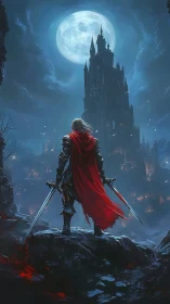 Lone armored swordsman facing gothic citadel under full moon