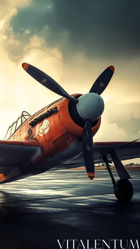 Stormlit vintage propeller plane on wet runway at dusk.