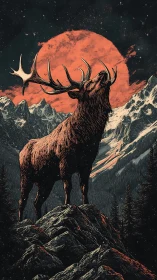 Majestic stag howls beneath blood moon over alpine peaks.