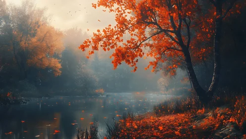 Autumn riverbank under fiery foliage and soft morning mist.