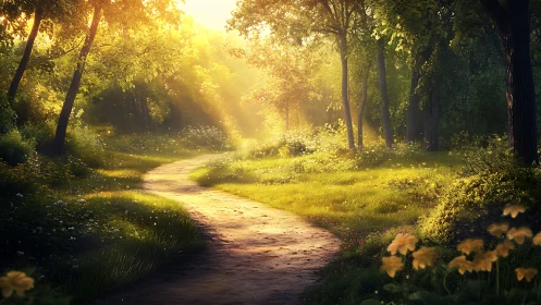 Sunlit forest path with dense greenery and soft foliage.