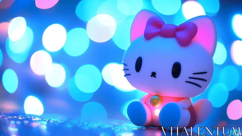 Glowing chibi cat figurine with neon bokeh light backdrop