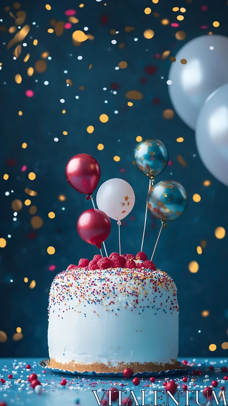 Celebration Cake with Metallic Balloon Toppers and Bokeh.