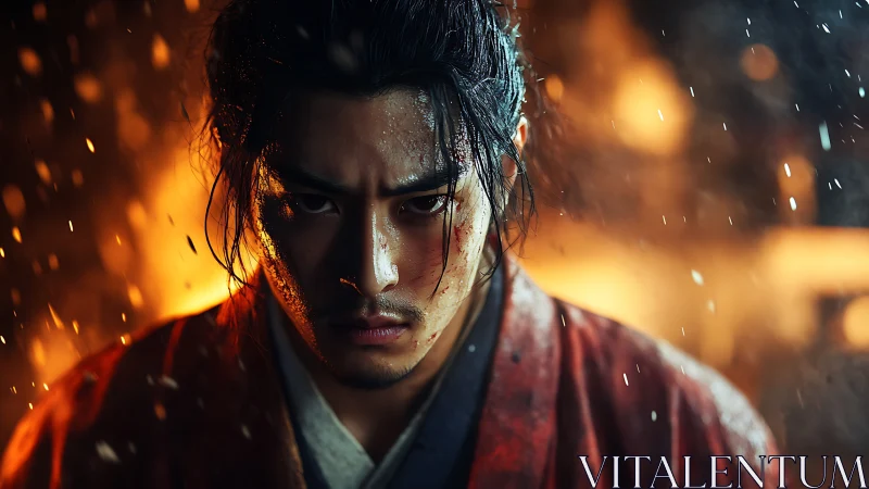 Samurai warrior in rain with sparks and intense gaze.