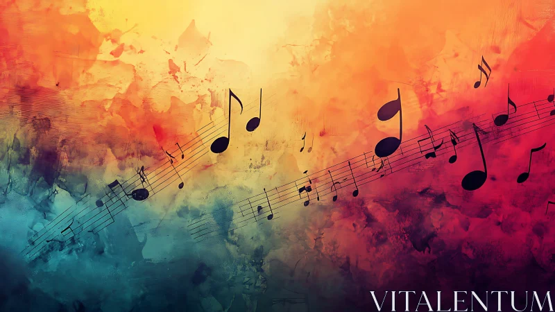 Musical notation flowing across warm abstract gradient field.