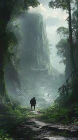 Misty jungle ravine with towering cliffs and distant apes.