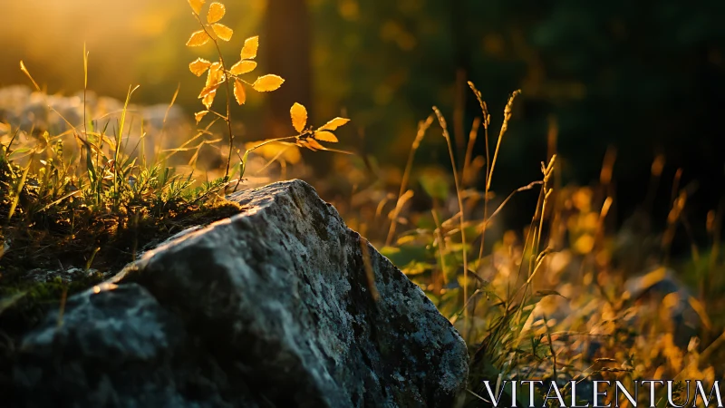 Golden Hour Forest Closeup with Sunlit Plants and Rocks.