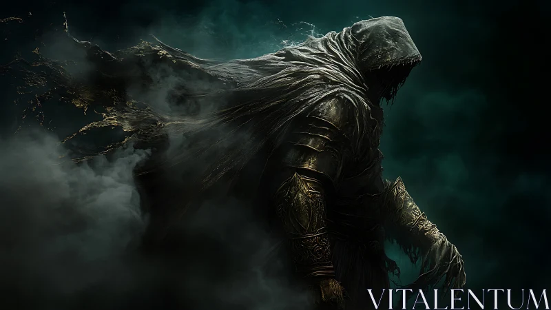 Hooded humanoid figure stands amid dissipating dark smoke