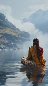 Meditative figure over misted Himalayan lake in rich sari.