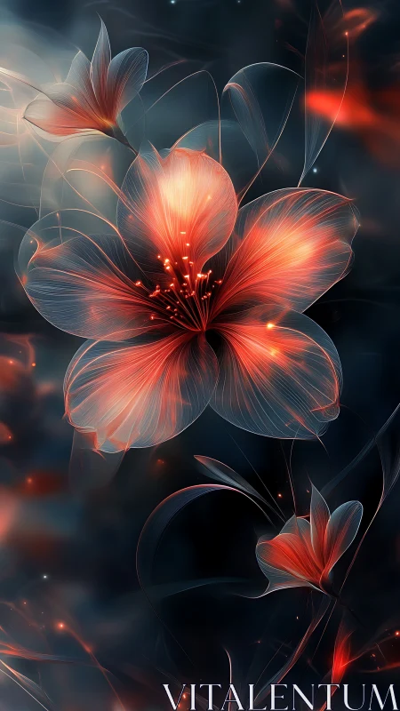 Luminous red floral forms rendered as translucent light filaments