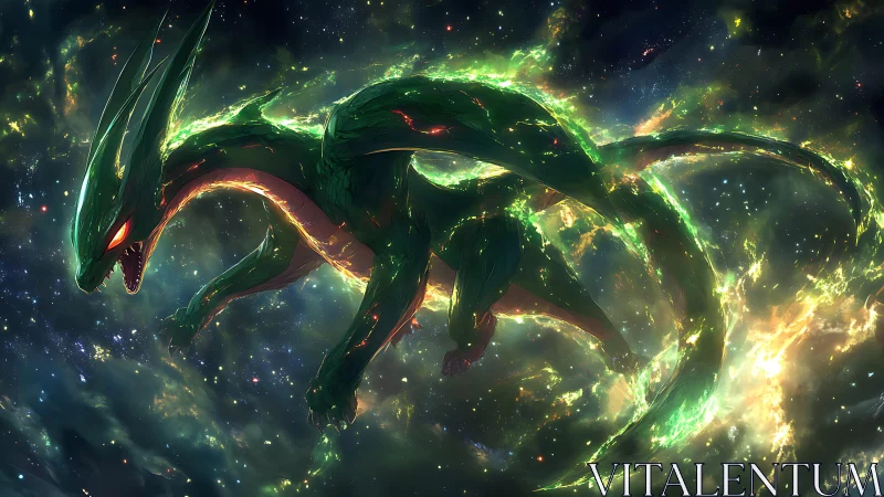 Bioluminescent space dragon arcs through nebular plasma vortex