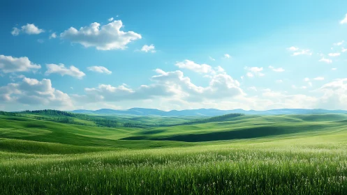 Sunlit green hills rolling softly beneath bright blue skies.
