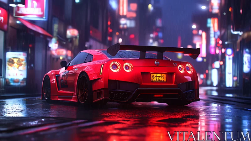 Red sports car glows through neon city rainstorm night