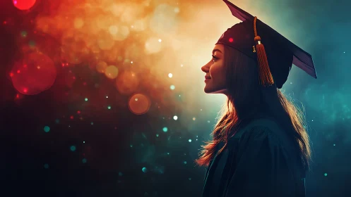 Side-profile graduate under bokeh-saturated spectral lighting.