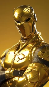 Golden cybernetic guardian in reflective armored suit.